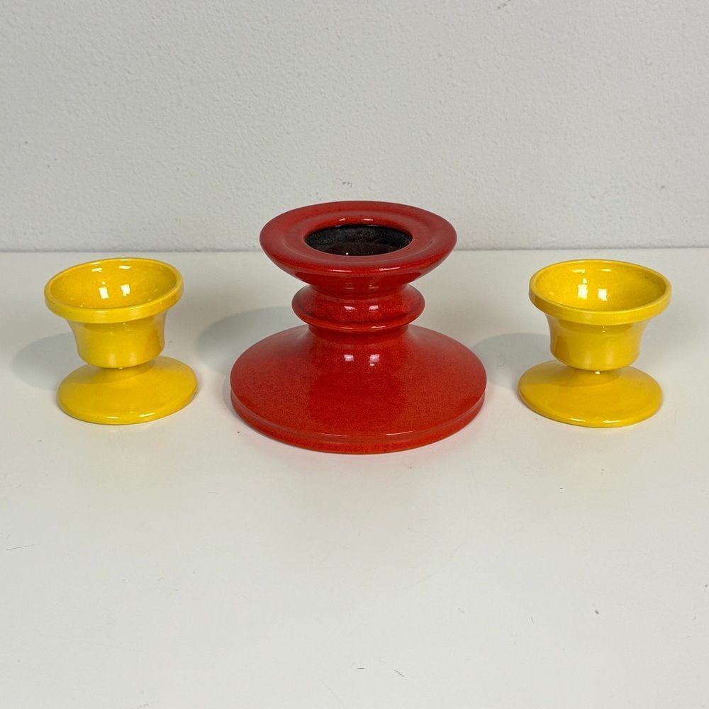 3 Mid-Century Modernist Red Yellow Ceramic Candle Holders